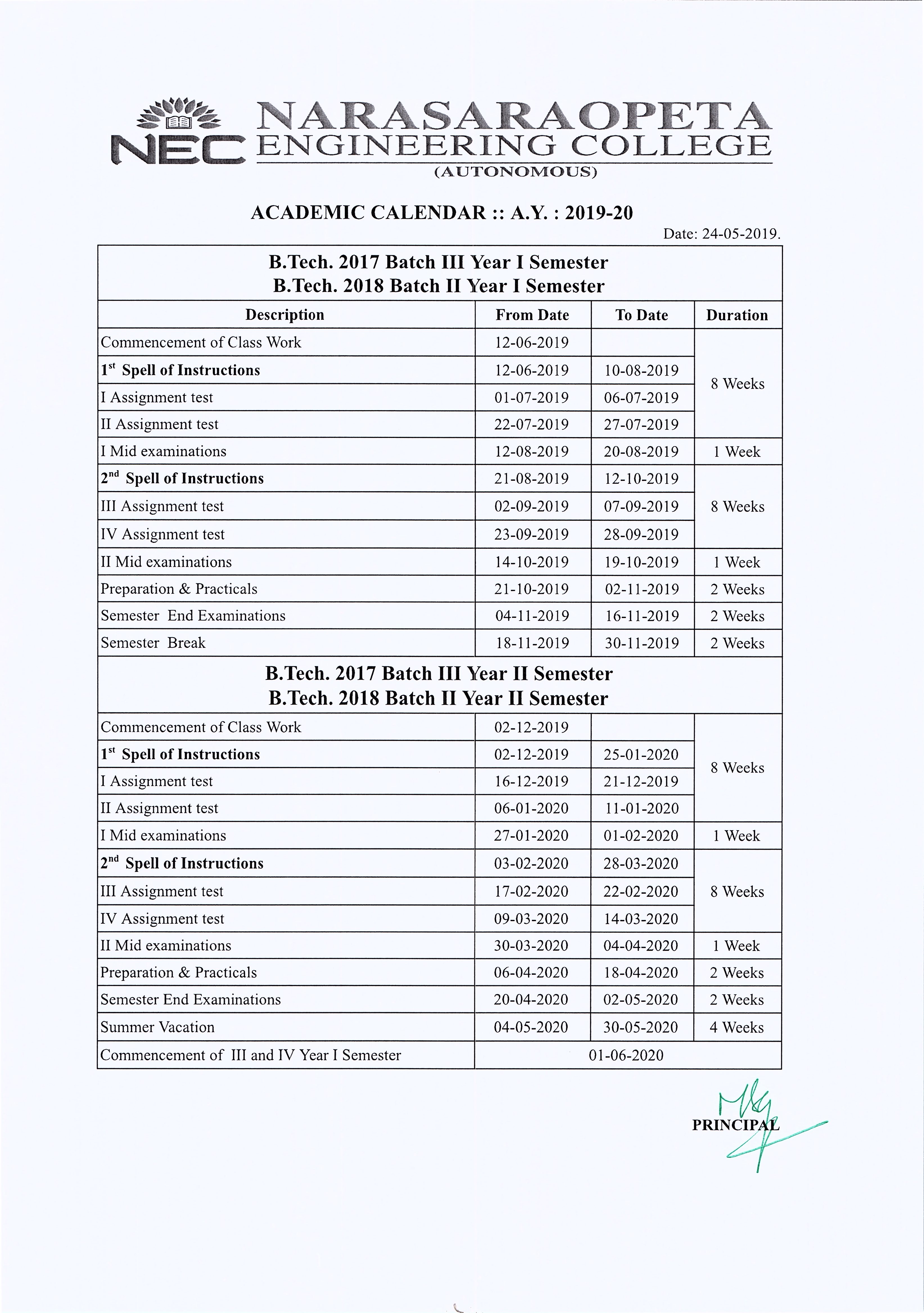 Narasaraopeta Engineering College - Academic Calendar