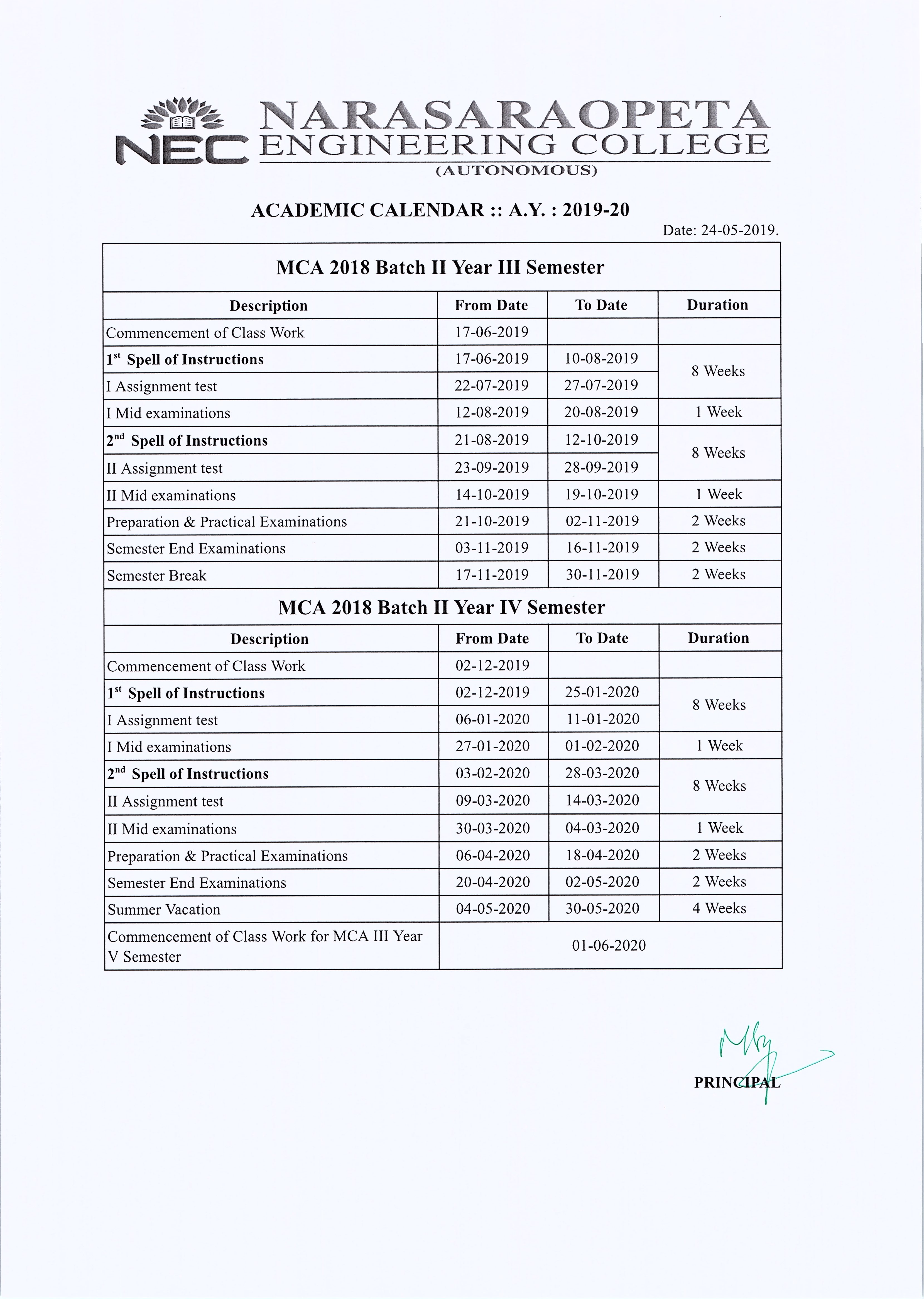 Narasaraopeta Engineering College - Academic Calendar