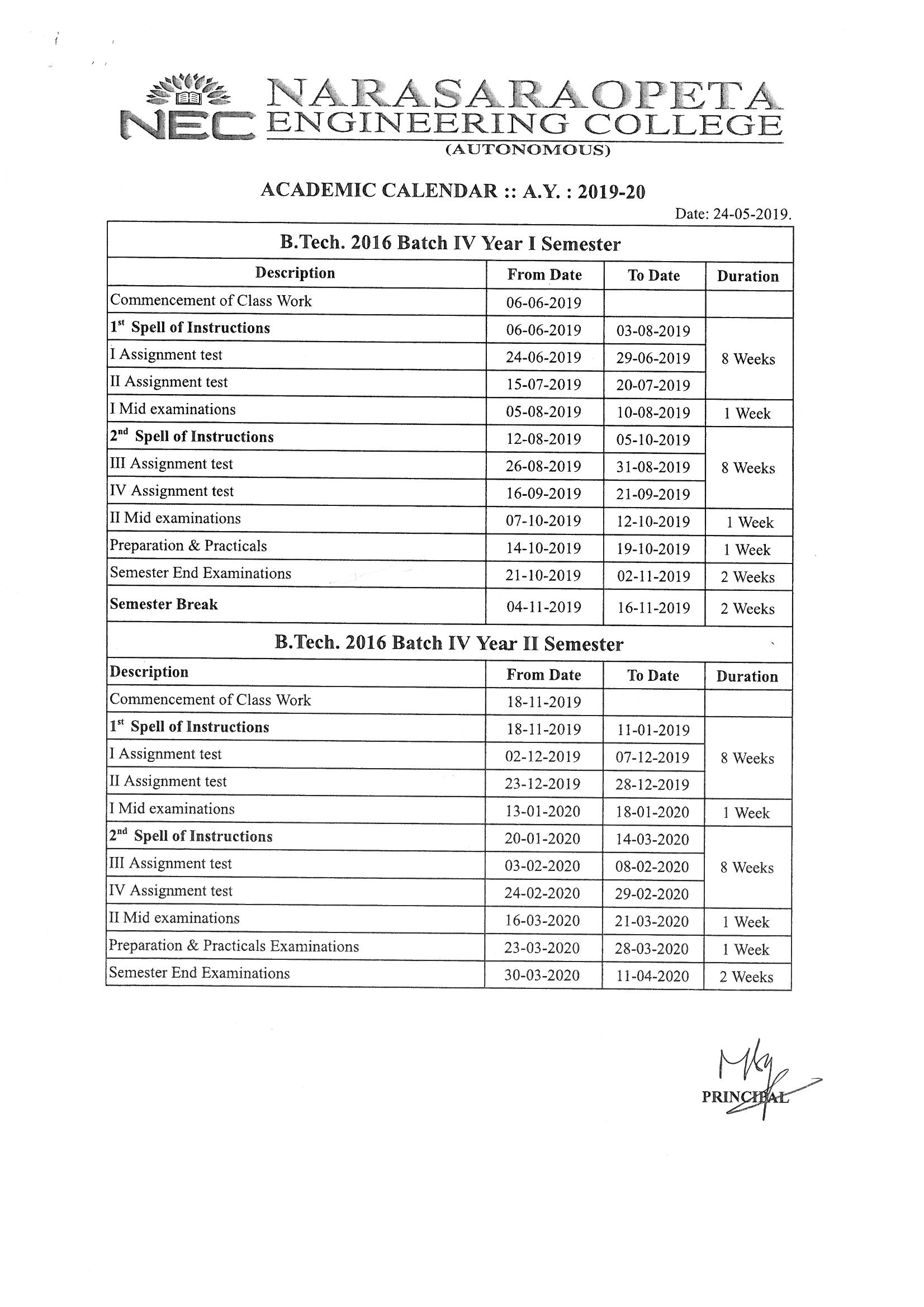 Narasaraopeta Engineering College - Academic Calendar Narasaraopeta Engineering College - Academic Calendar