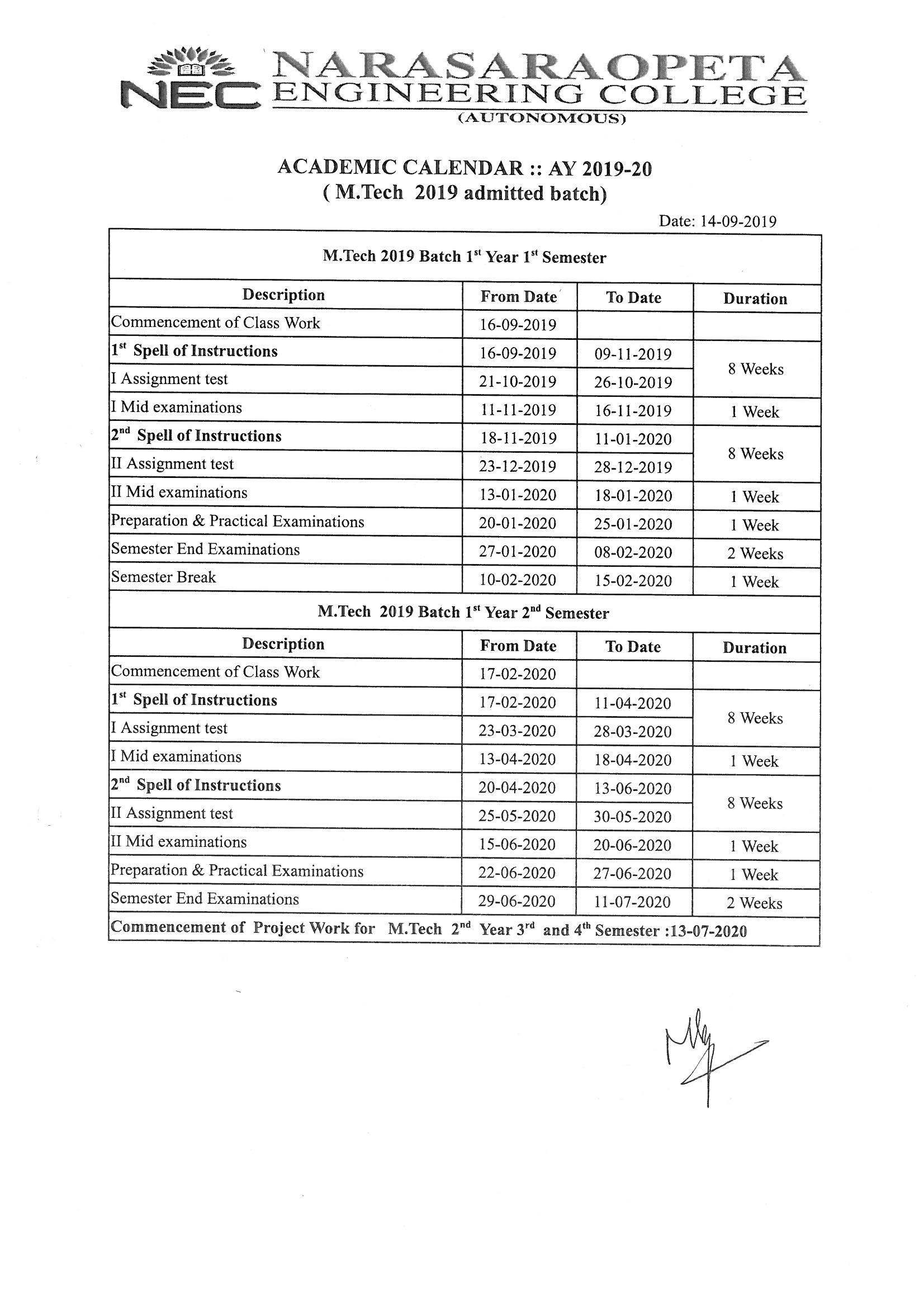 Narasaraopeta Engineering College - Academic Calendar Narasaraopeta Engineering College - Academic Calendar