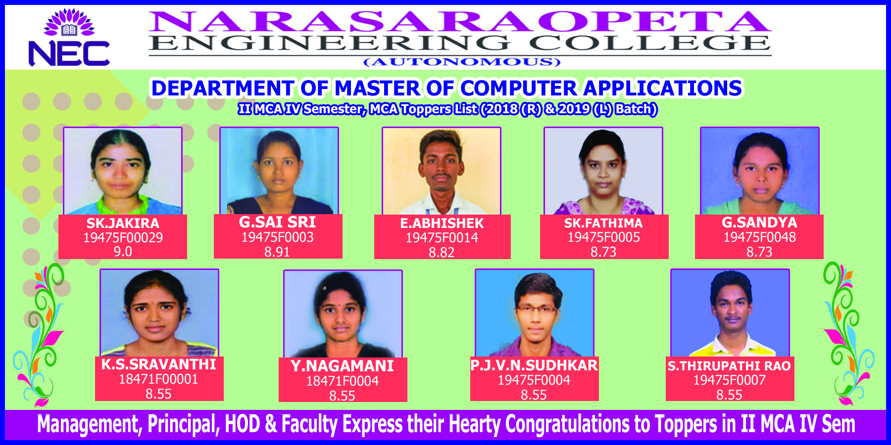 MCA Student Toppers Narasaraopeta Engineering College
