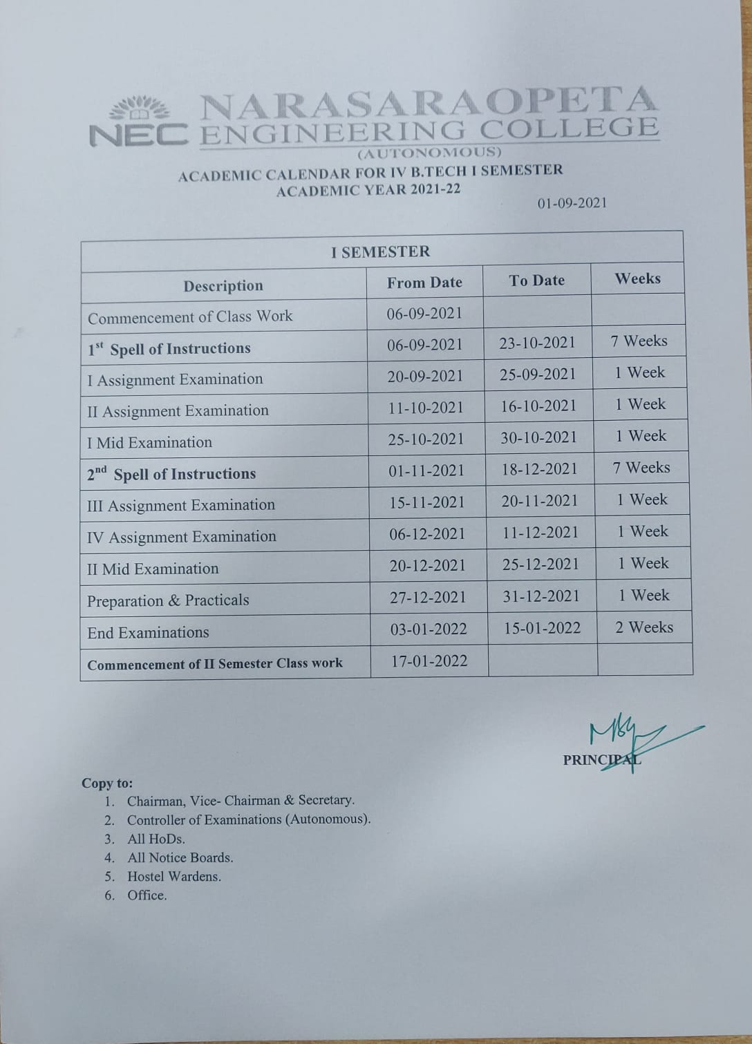 Narasaraopeta Engineering College - Academic Calendar