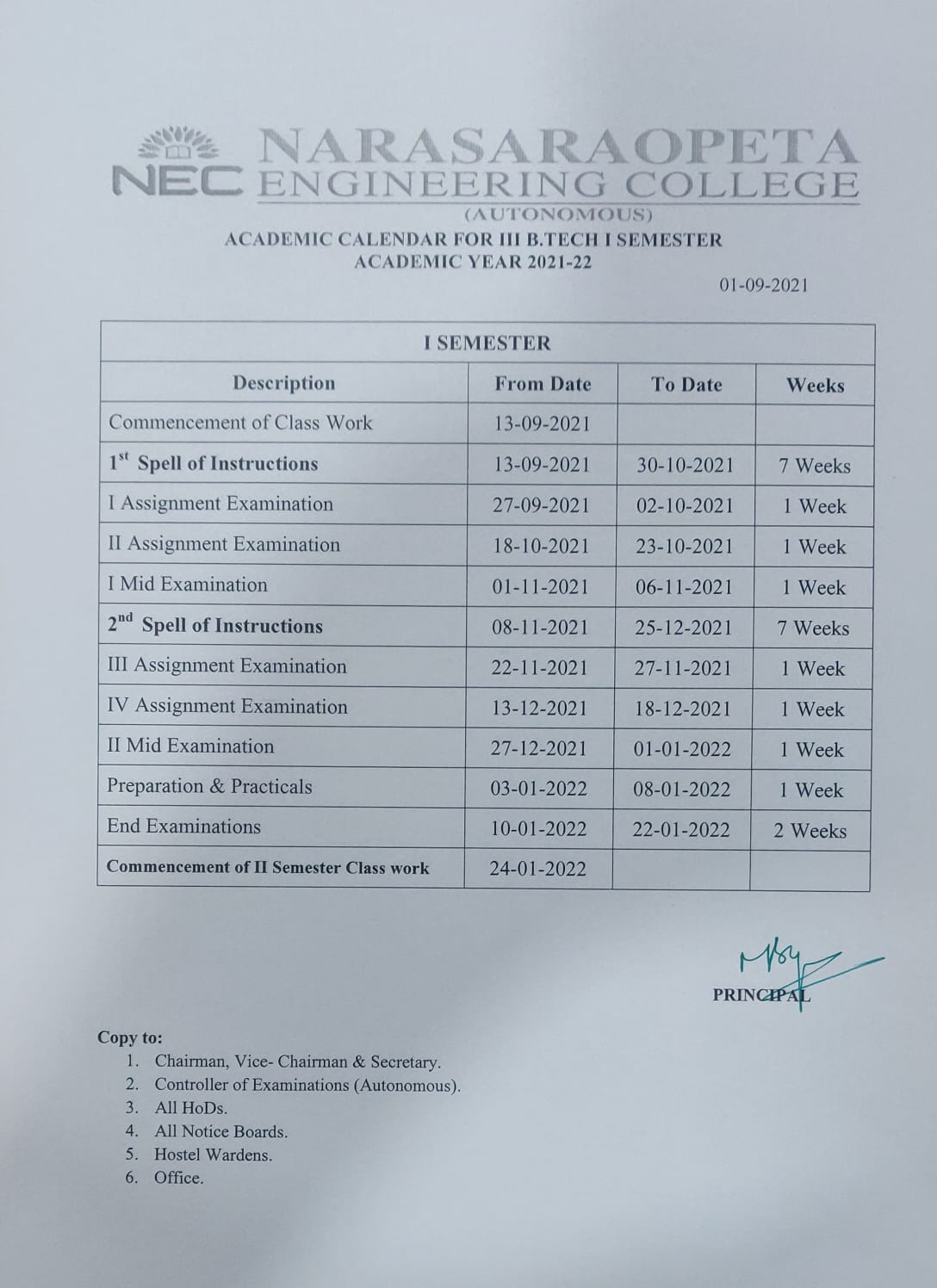 Narasaraopeta Engineering College - Academic Calendar